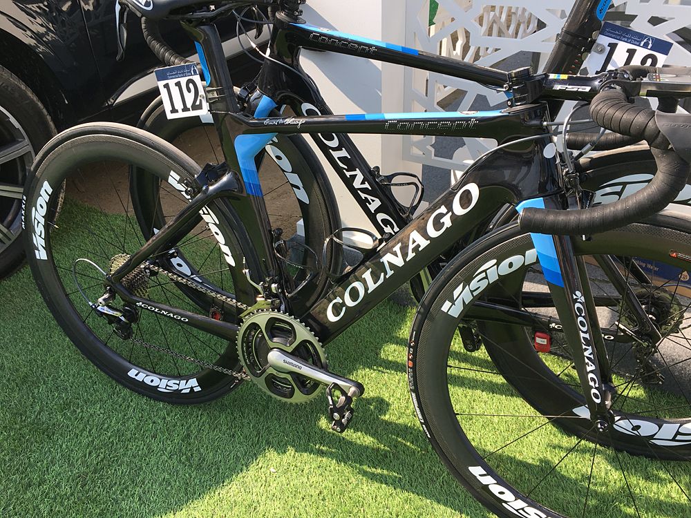 Team UAE Emirates use Campagnolo-equipped Colnago bikes. These belong to Novo Nordisk