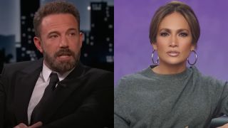 From left to right: Ben Affleck on Jimmy Kimmel Live! and Jennifer Lopez in a BTS video for Netflix's Atlas.