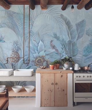 Kitchen wall mural in large print with cabinetry in front