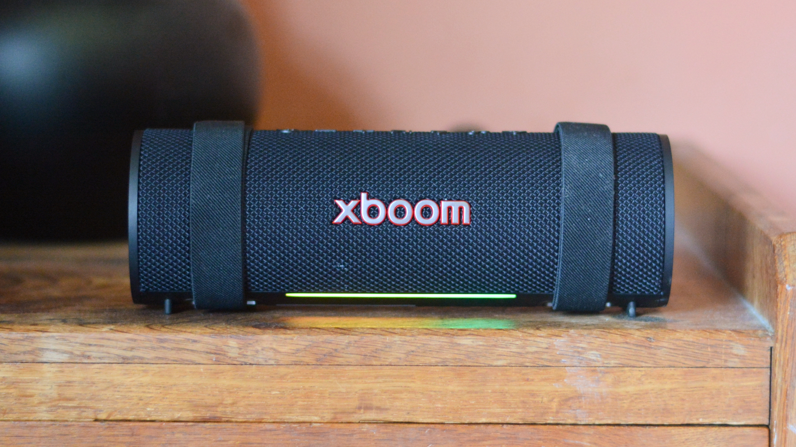 LG xboom Grab Bluetooth speaker in an outdoor setting