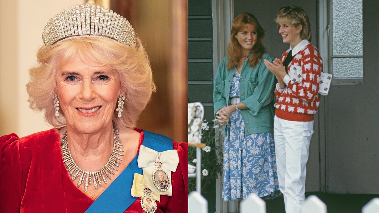 A photo of Queen Camilla in a red velvet dress with a diamond tiara next to a picture of Sarah Ferguson standing with Princess Diana wearing a red sheep sweater from the 80s