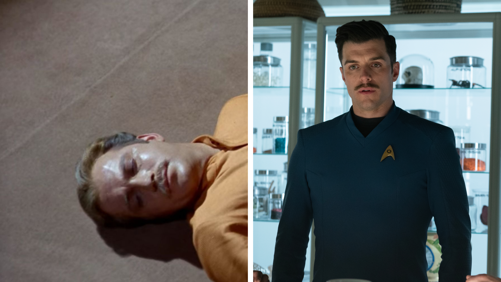 Split image showing William Shatner (Left) and Dan Jeannotte (Right), who played Lieutenant Sam Kirk in Star Trek: The Original Series and Star Trek: Strange New Worlds, respectively.