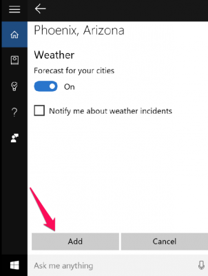 cortana weather add button