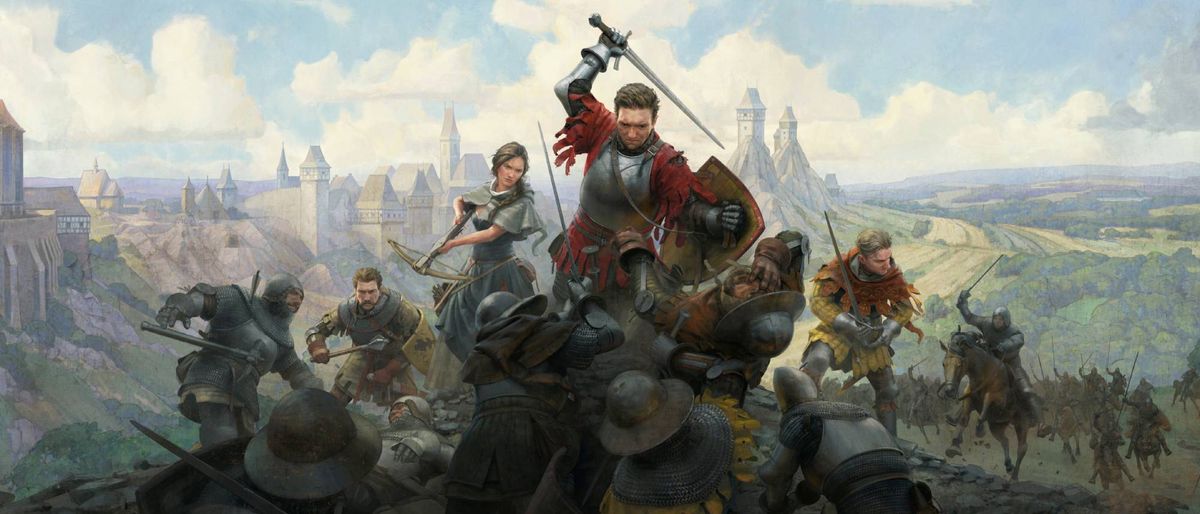 Kingdom Come Deliverance 2 key art showing the main character Henry and companions in battle