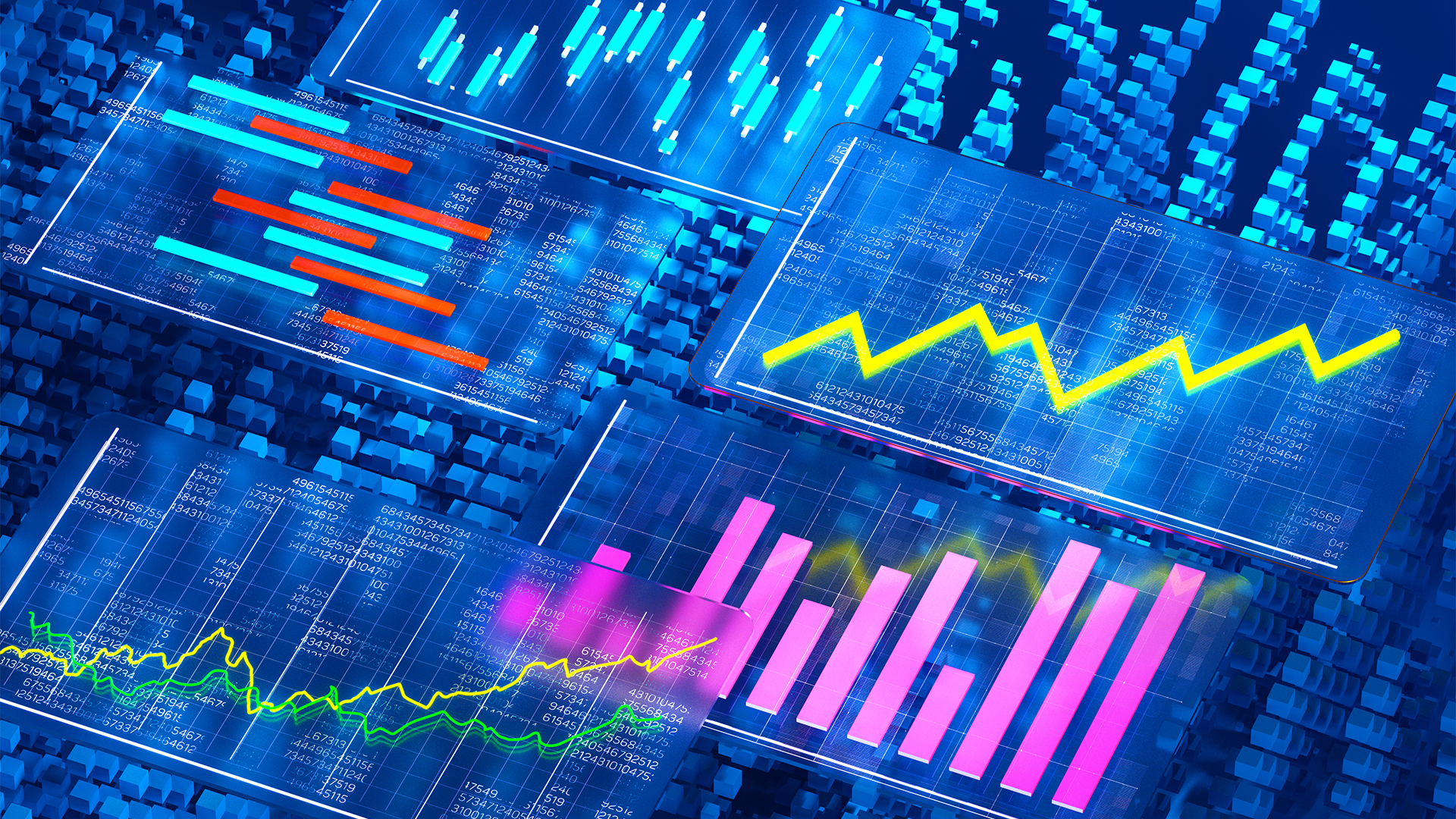 Profit margin concept image showing digital interface with multiple charts showing an upward trajectory.