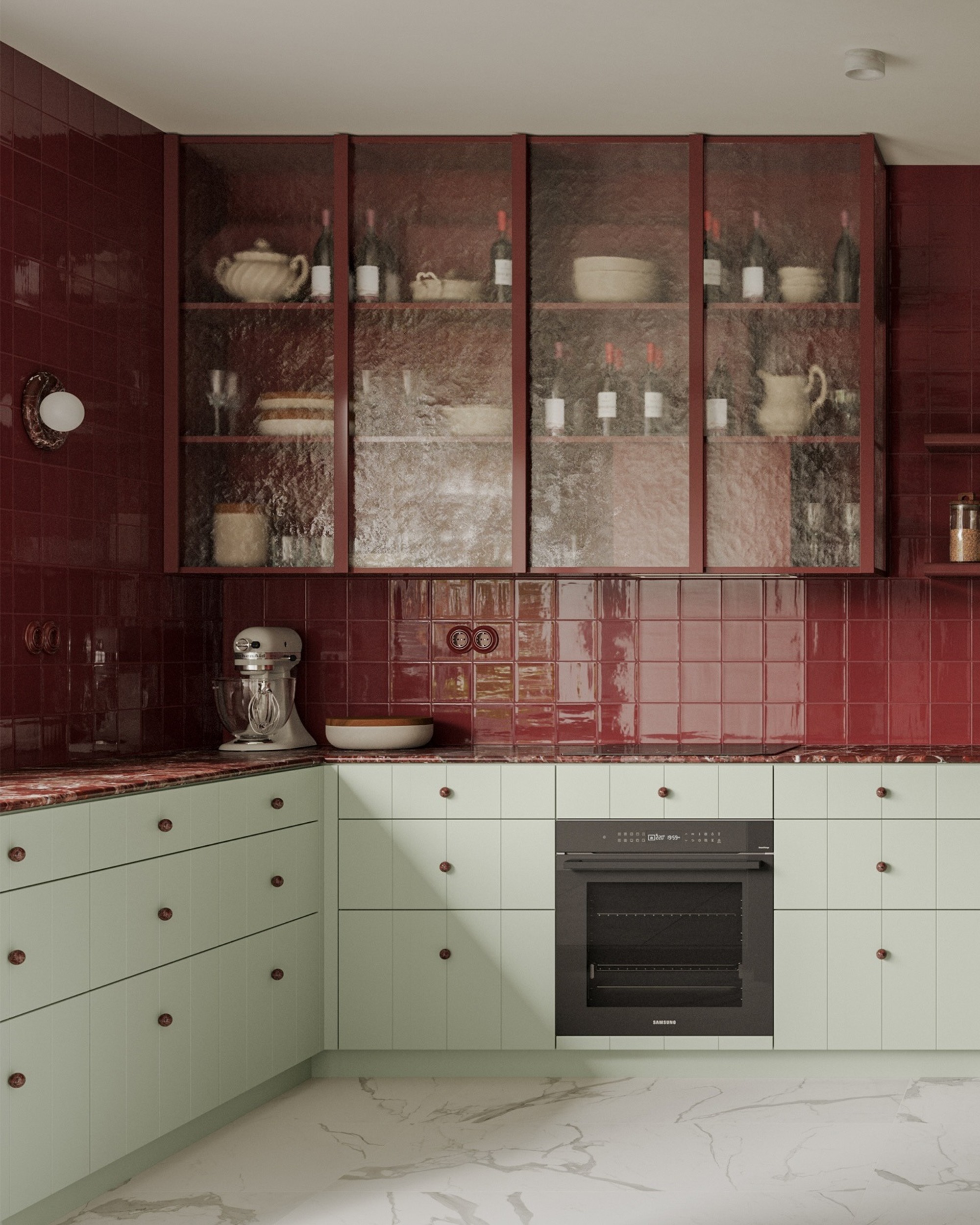 Image of a kitchen with mint green cabinetry with red tile backsplash and red floating cabinetry and glass doors.