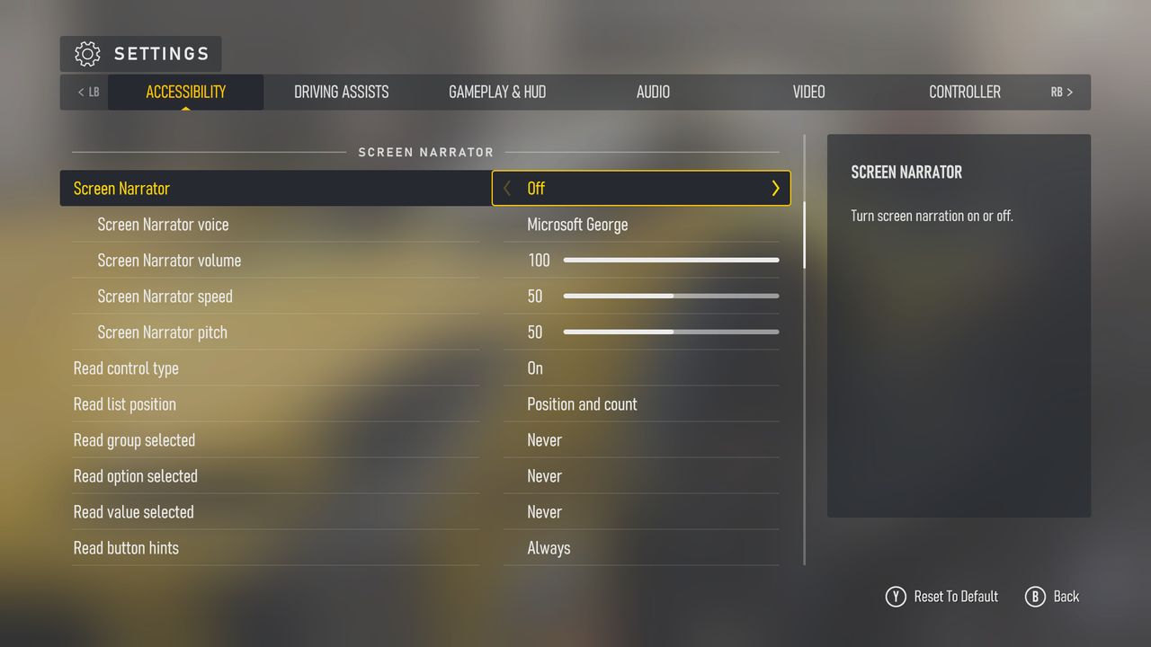 Screenshots of Forza Motorsport (2023)'s accessibility menus and settings.
