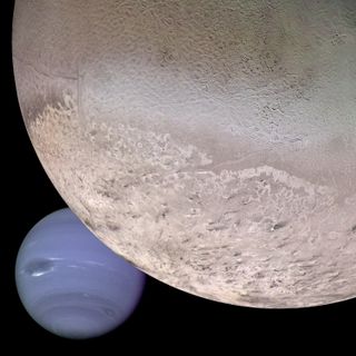A combination of images show how Neptune and its largest moon Triton may have appeared to the approaching Voyager 2 spacecraft in 1989.