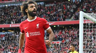 LIVERPOOL, ENGLAND - SEPTEMBER 24: Mohamed Salah of Liverpool celebrates after scoring the opening goal during the Premier League match between Liverpool FC and West Ham United at Anfield on September 24, 2023 in Liverpool, England. (Photo by John Powell/Liverpool FC via Getty Images)