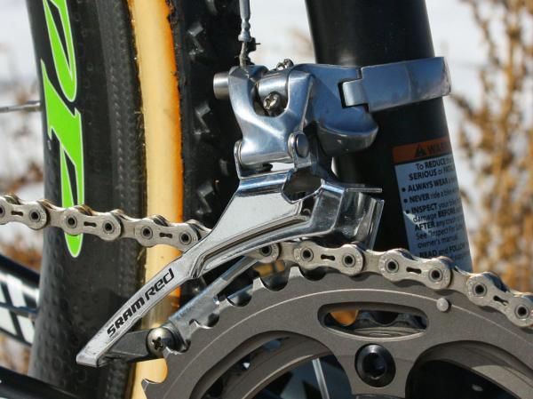 Powers' SRAM Red front derailleur is actually built with a stiffer - though slightly heavier - steel cage from a Force derailleur.