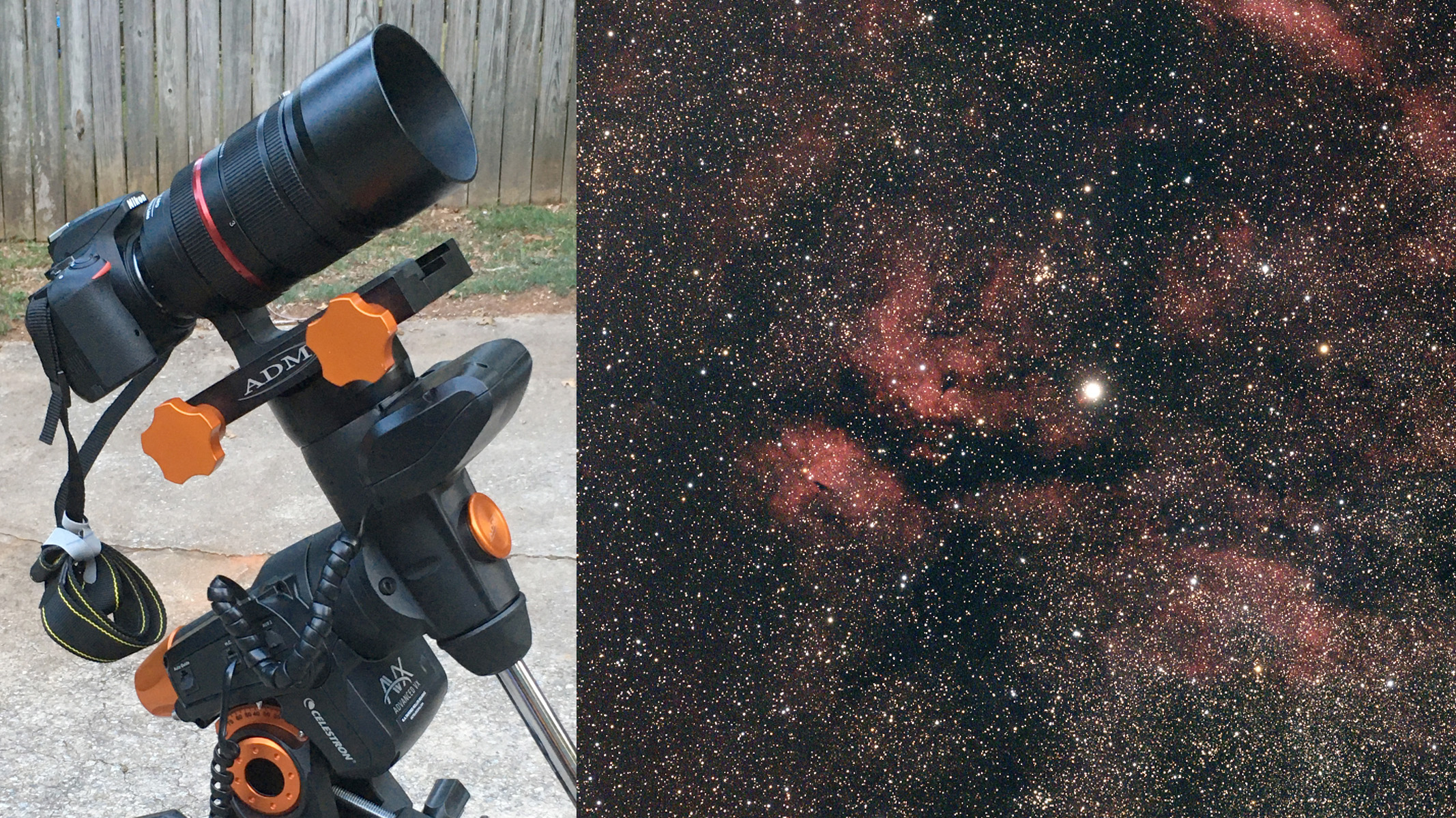 Composite nebula image next to telescope setup