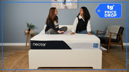 Nectar Classic Memory Foam Mattress on a wooden bd frame, with two Tom's Guide mattress testers sitting on top of it. A blue Tom's Guide Price Drop badge is overlaid in the top right hand corner