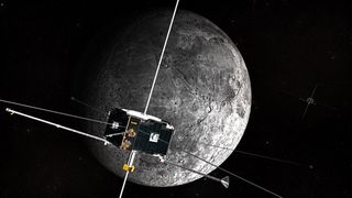A spacecraft orbits the moon