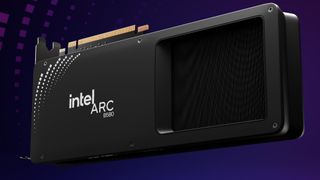 An Intel Arc B580 Limited Edition graphics card against a purple background