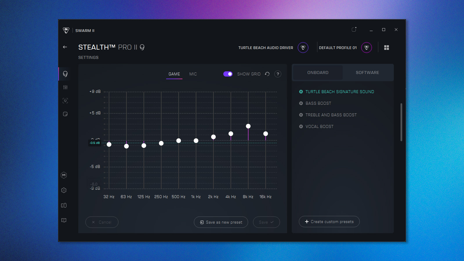 A screenshot of the Turtle Beach Swarm II app being used to customize the Stealth Pro II EQ