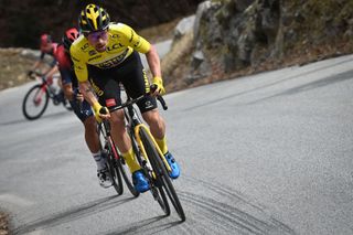 Slovenian Primoz Roglic of JumboVisma wearing the yellow jersey pictured in action during stage seven of the 80th edition of the ParisNice cycling race from Nice to La BolleneVesubie Col de Turini 1552 km in France Saturday 12 March 2022 BELGA PHOTO DAVID STOCKMAN Photo by DAVID STOCKMAN BELGA MAG Belga via AFP Photo by DAVID STOCKMANBELGA MAGAFP via Getty Images