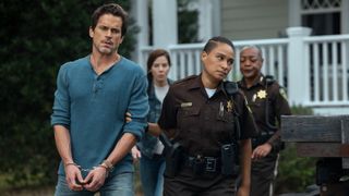 Matt Bomer as Jack, Michelle Monaghan as Leni McCleary, Rosanny Zayas as Deputy Paula, Karen Robinson as Sheriff Floss in episode 104 of Echoes