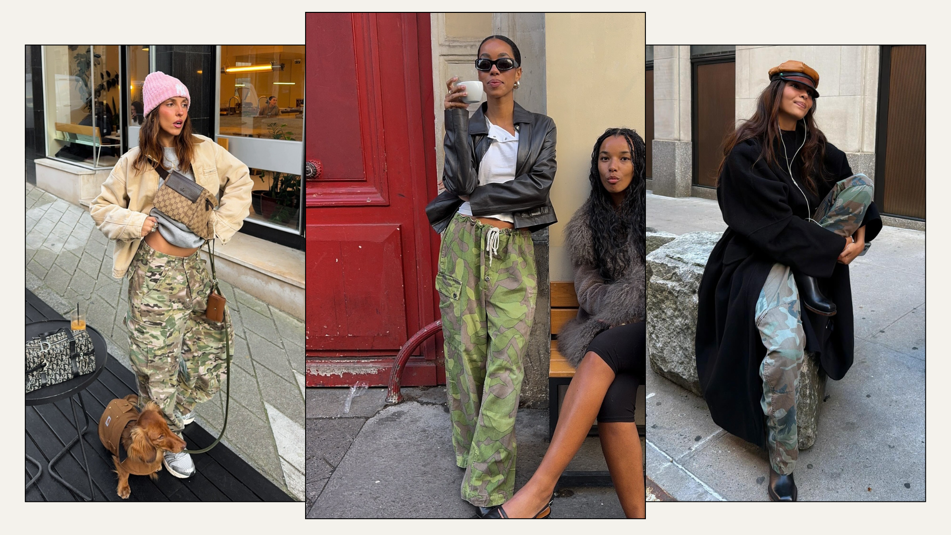 Three fashion people wear the camo print trouser trend
