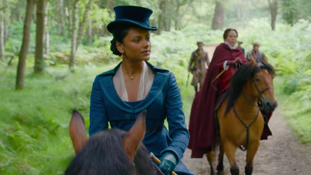 Kate Sharma Goes hunting In blue dress in Bridgerton Season 2.