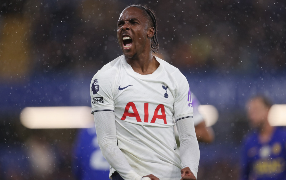Mathys Tel of Tottenham Hotspur celebrates his goal against Chelsea