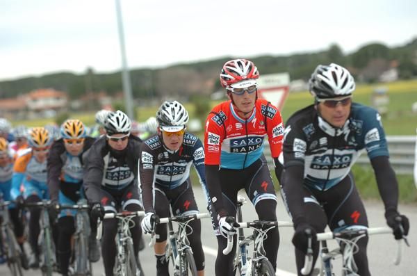 Andy Schleck surrounded by his Saxo Bank teammates.