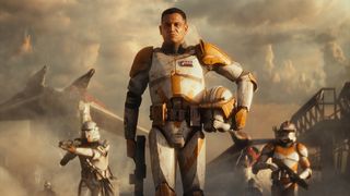 Star Wars 212th fan movie; a VFX movie created by Hoplite VFX, a man in sci-fi armour walks away from a spaceship in a desert