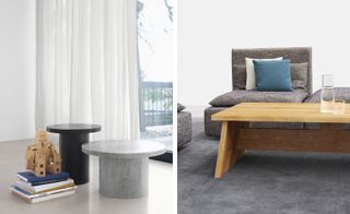 The photo to the left shows two coffee tables in gray and black marble. The photo to the right shows a rectangular wooden coffee table with a gray sofa.