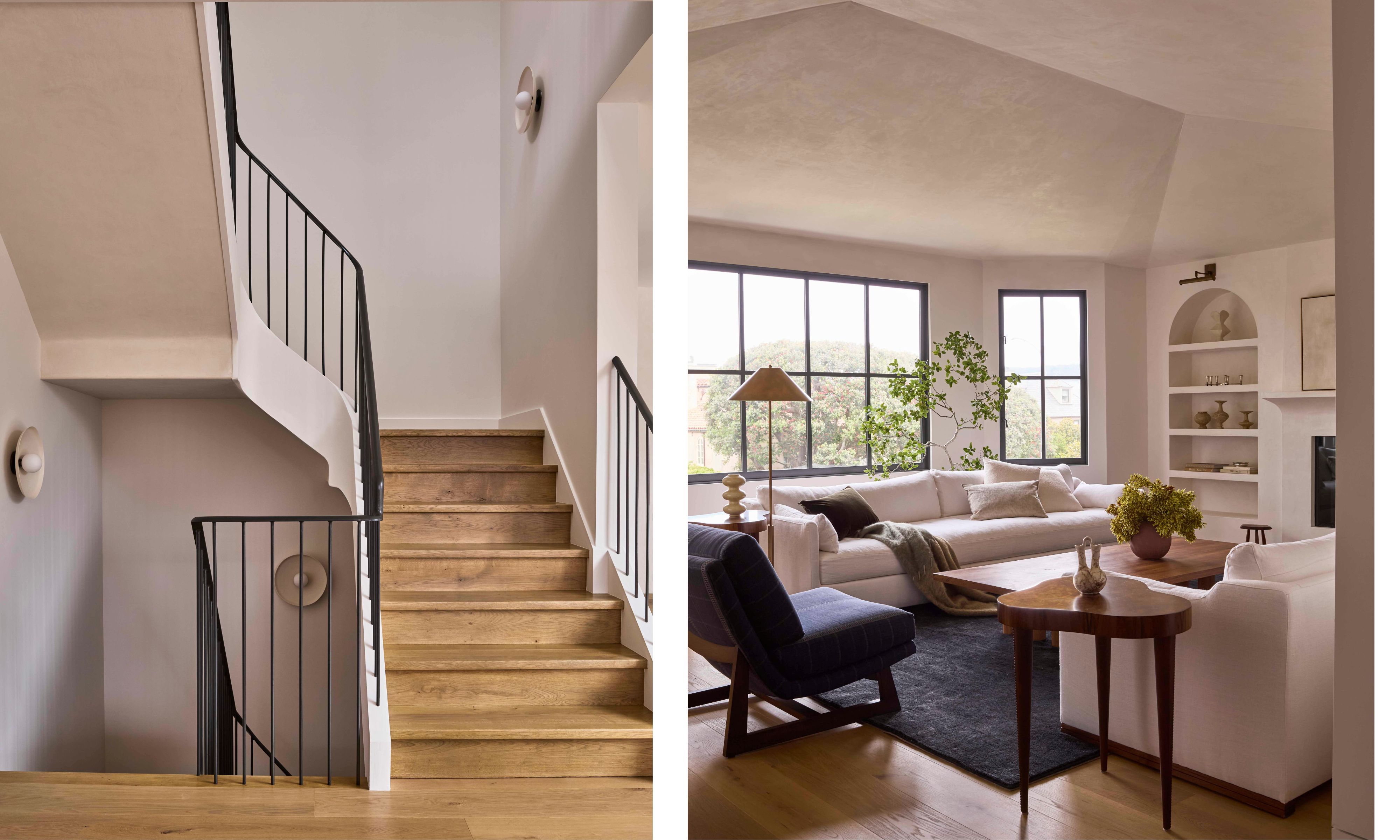 two side by side images - on the left an oak curved staircase and on the right a living room with vaulted ceiling and arched niches