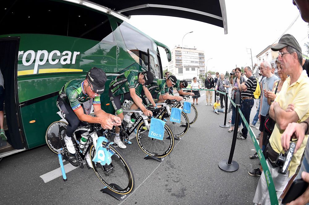 Team Europcar warm up before the Dauphine team time trial.