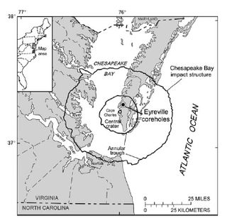 Location of the Chesapeake Bay Impact Structure and drill site. The location in relation to eastern USA is shown in the inset. The Chesapeake Bay impact crater is the largest known crater in the United States.