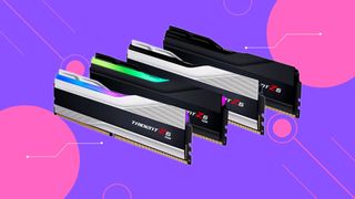 G.Skill DDR5-RAM lagt over en fargerik bakgrunn (rosa og lilla)