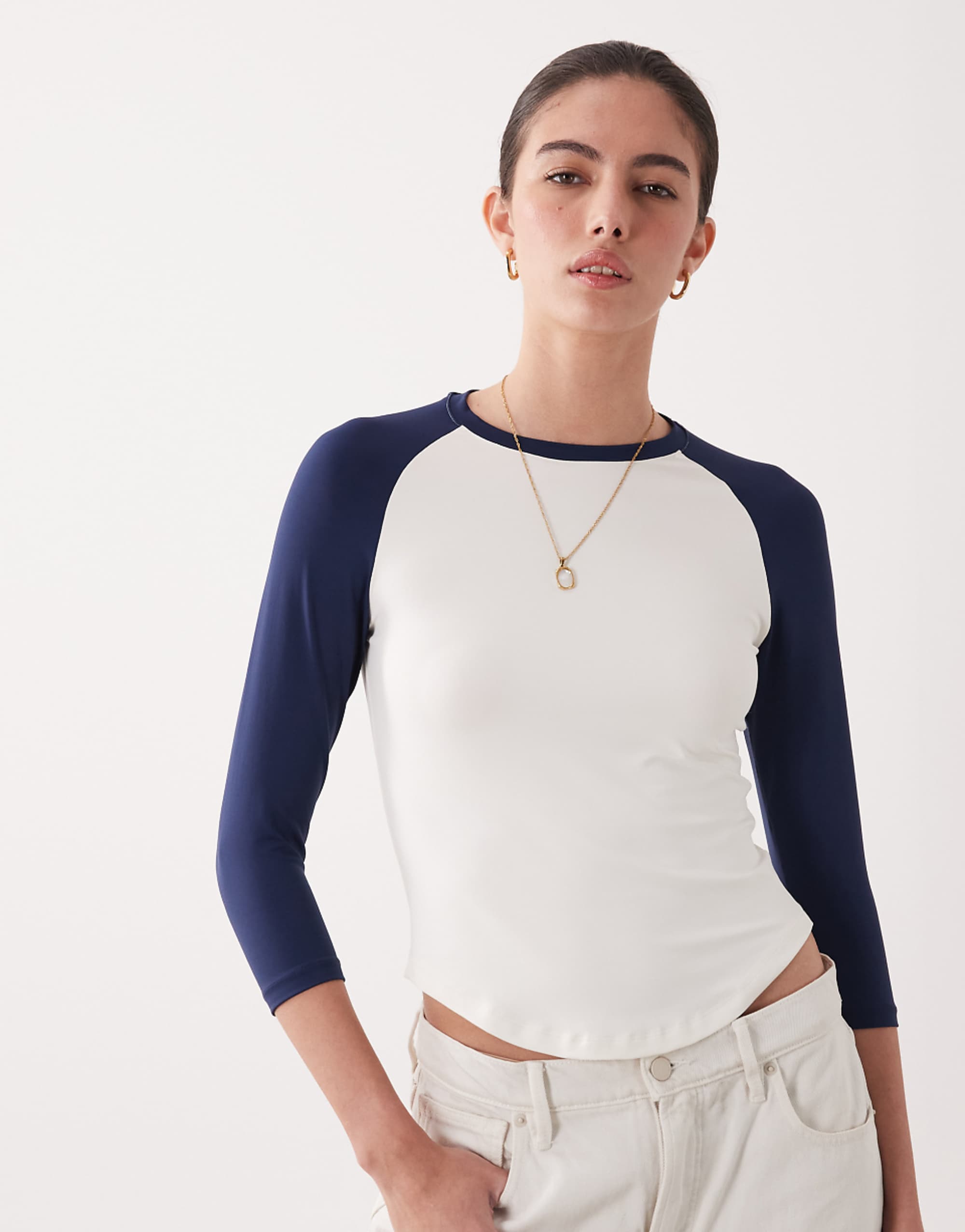 Asos Design Polyamide Quarter Sleeve Baseball Tee in Navy