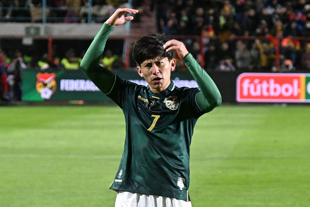 Bolivia's forward #07 Miguel Terceros celebrates scoring his team's first goal during the 2026 FIFA World Cup South American qualifiers football match between Bolivia and Brazil, at the Municipal de El Alto stadium, in El Alto, La Paz department, Bolivia on September 9, 2025. (Photo by AIZAR RALDES / AFP)
