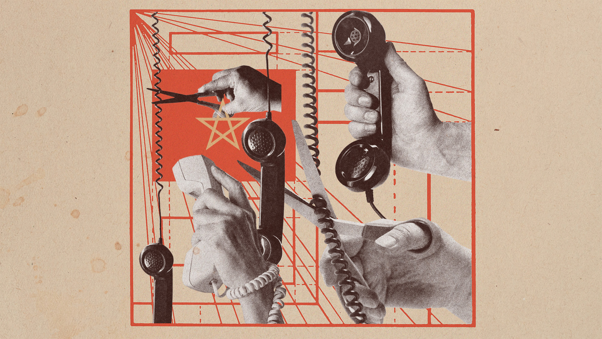 Photo collage of hands holding telephone receivers, and scissors cutting the cords