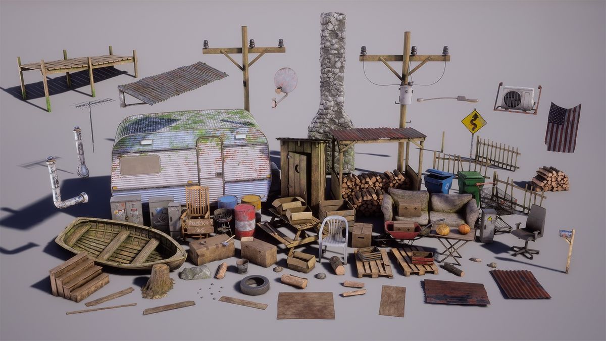 3D meshes for a rural mountain cabin in Unreal Engine 5