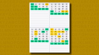 Quordle Daily Sequence answers for game 1066 on a yellow background