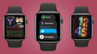 Three Apple Watches, two watch faces and another showing multitasking
