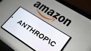 Amazon Anthropic investment concept image showing the Anthropic logo pictured on a smartphone screen with Amazon logo and branding pictured in background.