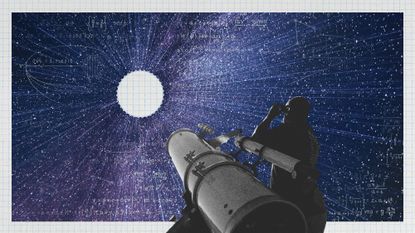Photo collage of a man with a high-tech telescope, pointing at a highly detailed view of the night sky. There is a blank circle where the telescope is pointing, and faint lines of mathematical equations and astronomical charts overlay the night sky. 