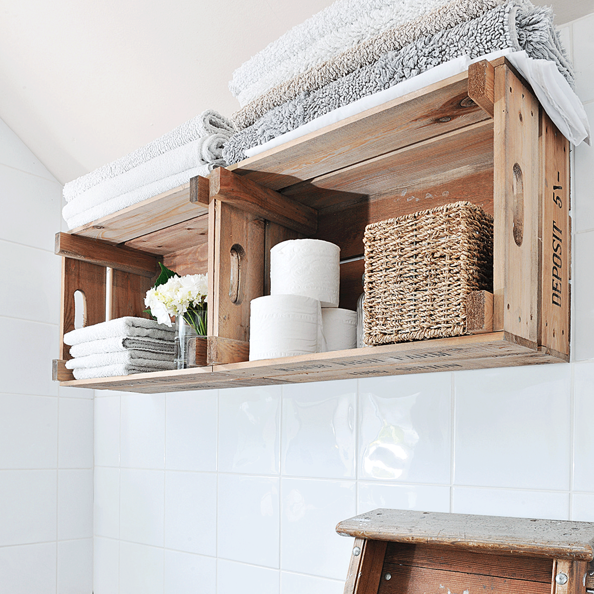 Bathroom with wooden crates