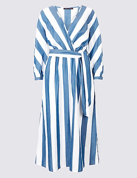 Marks & Spencer Women's Multi-Colored Cotton Midi A-Line Striped Dress