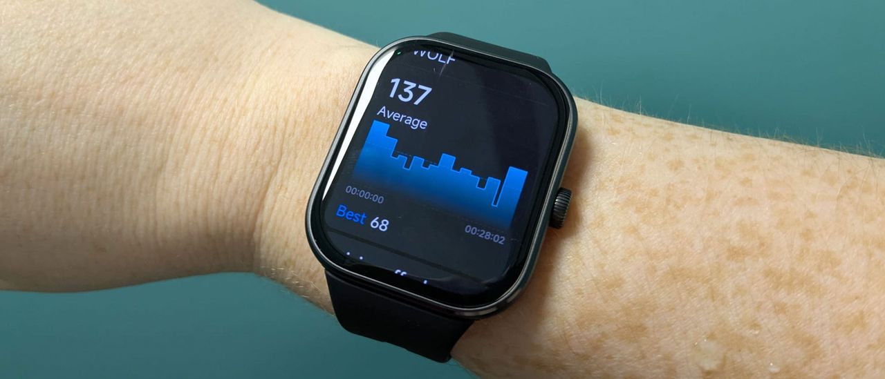 Redmi Watch 5 showing the SWOLF graph on a blue background.