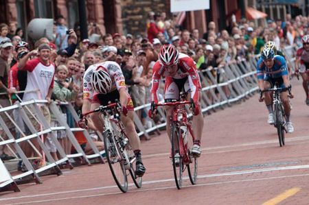 Eric Young (Bissell), right, just gets over the line ahead of Brad Huff (Jelly Belly p/b Kenda)