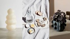 3-image collage of paper floor lantern, oyster plate vignette, and black plant pot on table