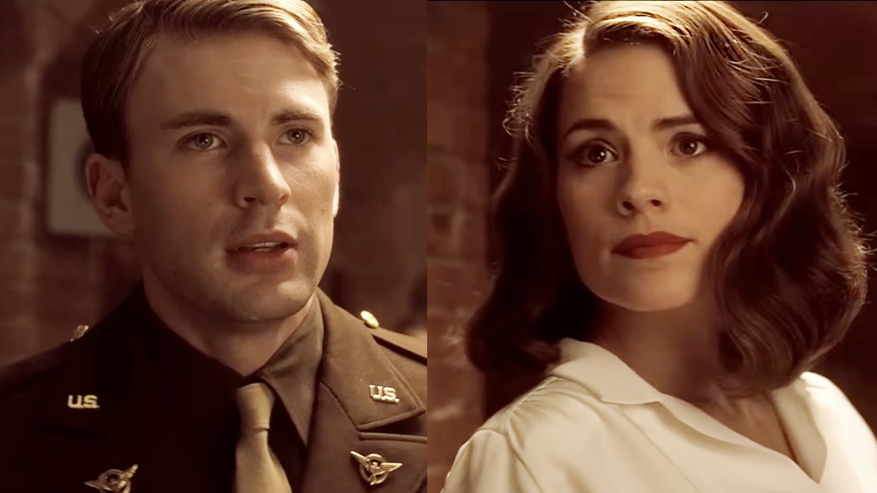Steve Rogers (Evans) and Peggy Carter (Atwell) inside the VFW Dance Hall in Captain America: The First Avenger.
