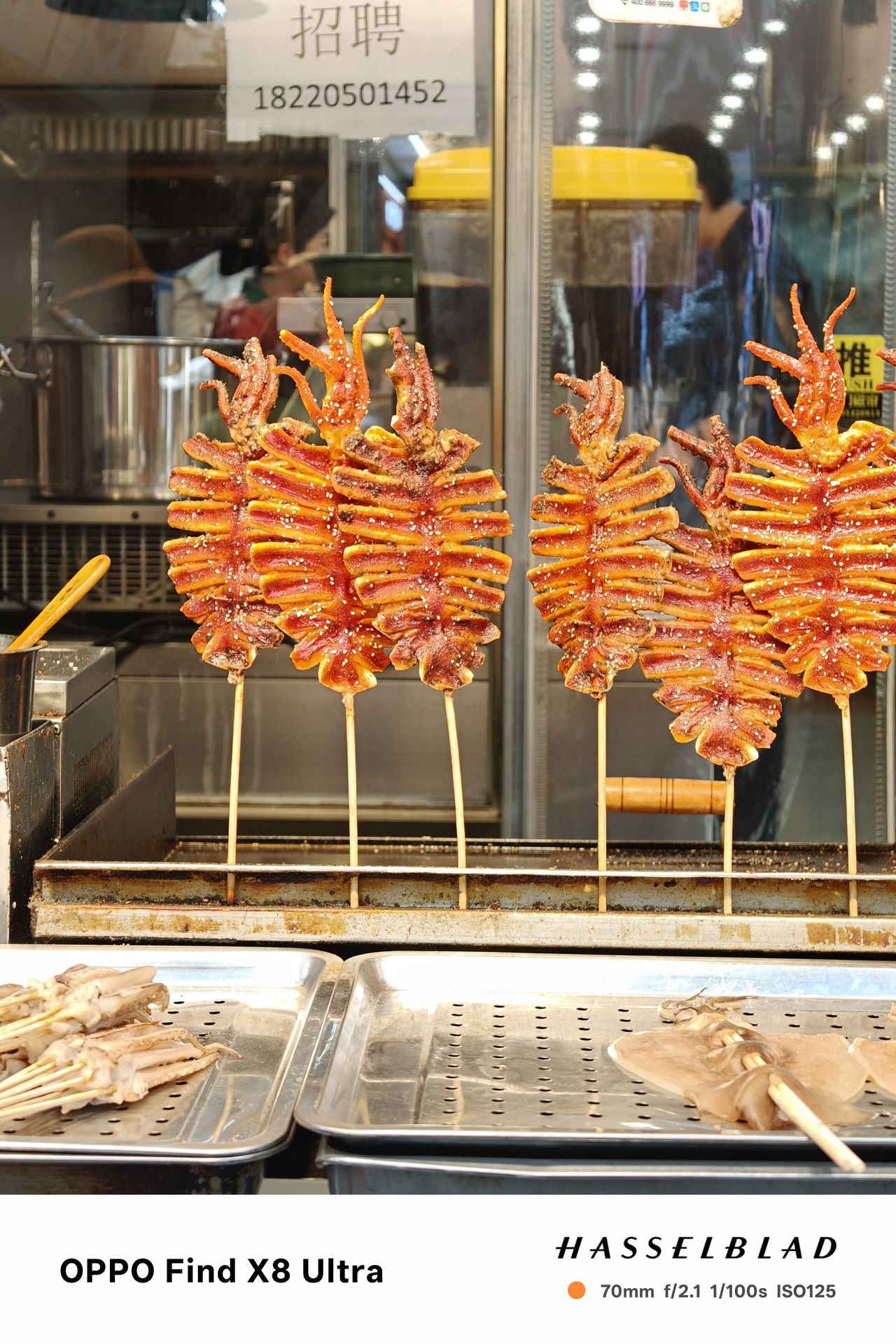 Street food on sticks on a market stall in China
