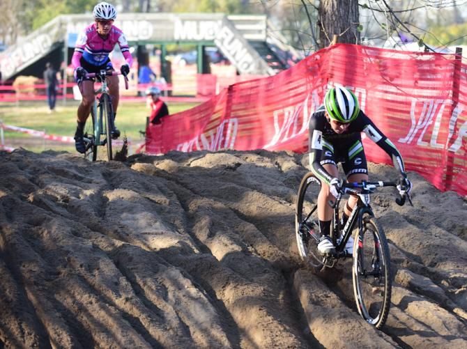 Kaitie Antonneau (Cannondale) with a gap over McFadden at the end of the second lap