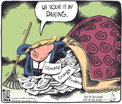 Political cartoon U.S. Trump climate change evidence wildfires raking