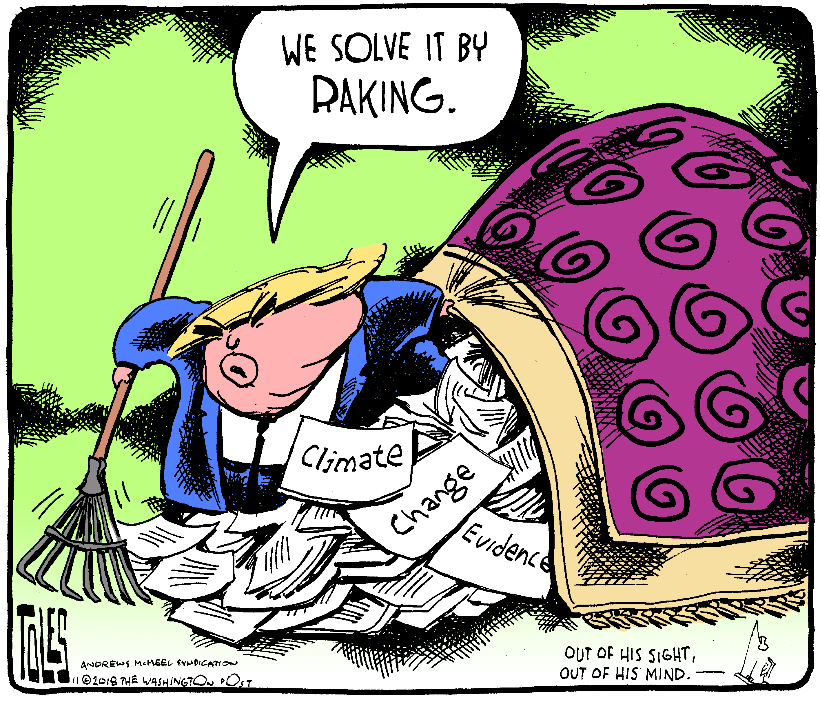 Political cartoon U.S. Trump climate change evidence wildfires raking