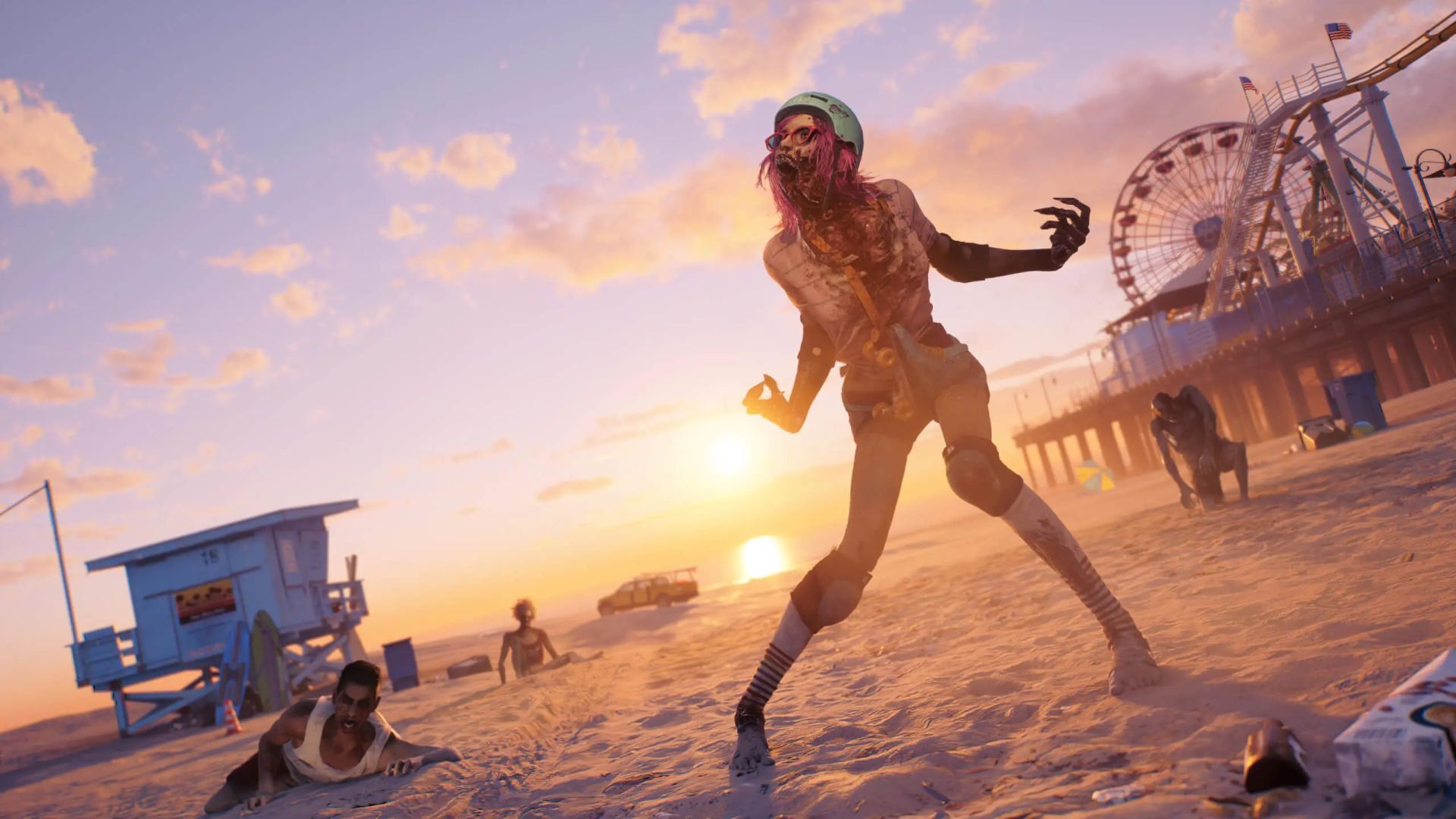 An undead woman stands on the beach at sunset.